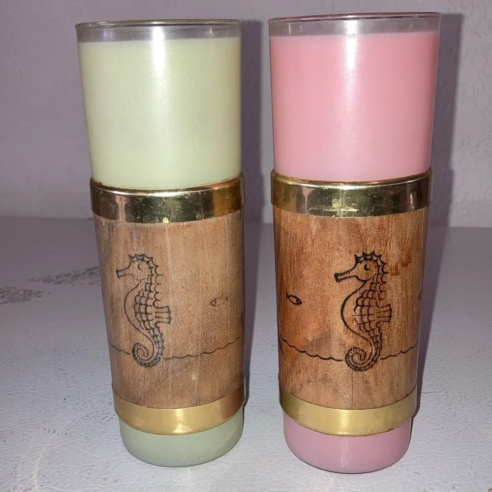 Libbey Palm Royale Tall MCM Frosted Glasses W/ Wood Tiki Bands Gold Pink Green
